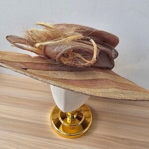 Vintage Derby Hat Womens Brown‎ Natural Fibre Mesh Wide Wedding Church Kentucky